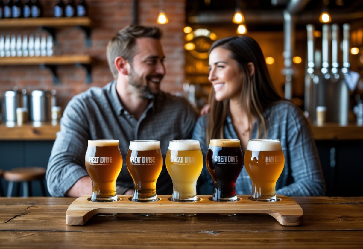 Two people enjoying a tasting flight of craft beers on a wooden table inside a cozy brewery.