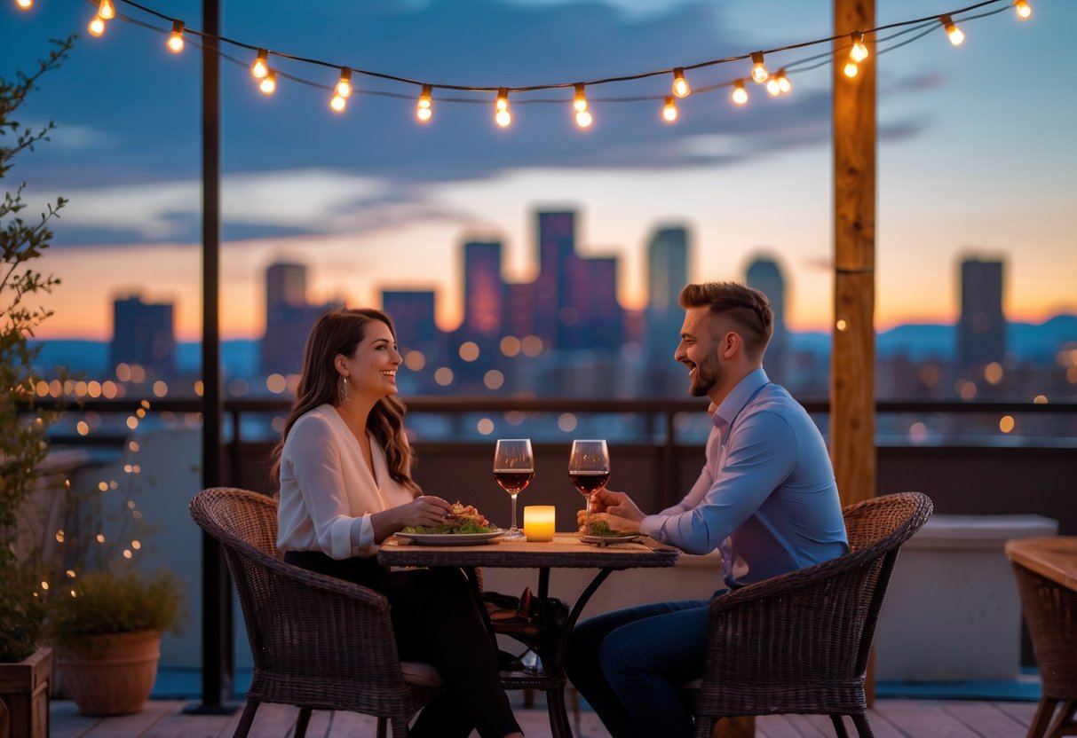 A couple enjoying a romantic dinner on a rooftop terrace with the Denver skyline at sunset in the background.