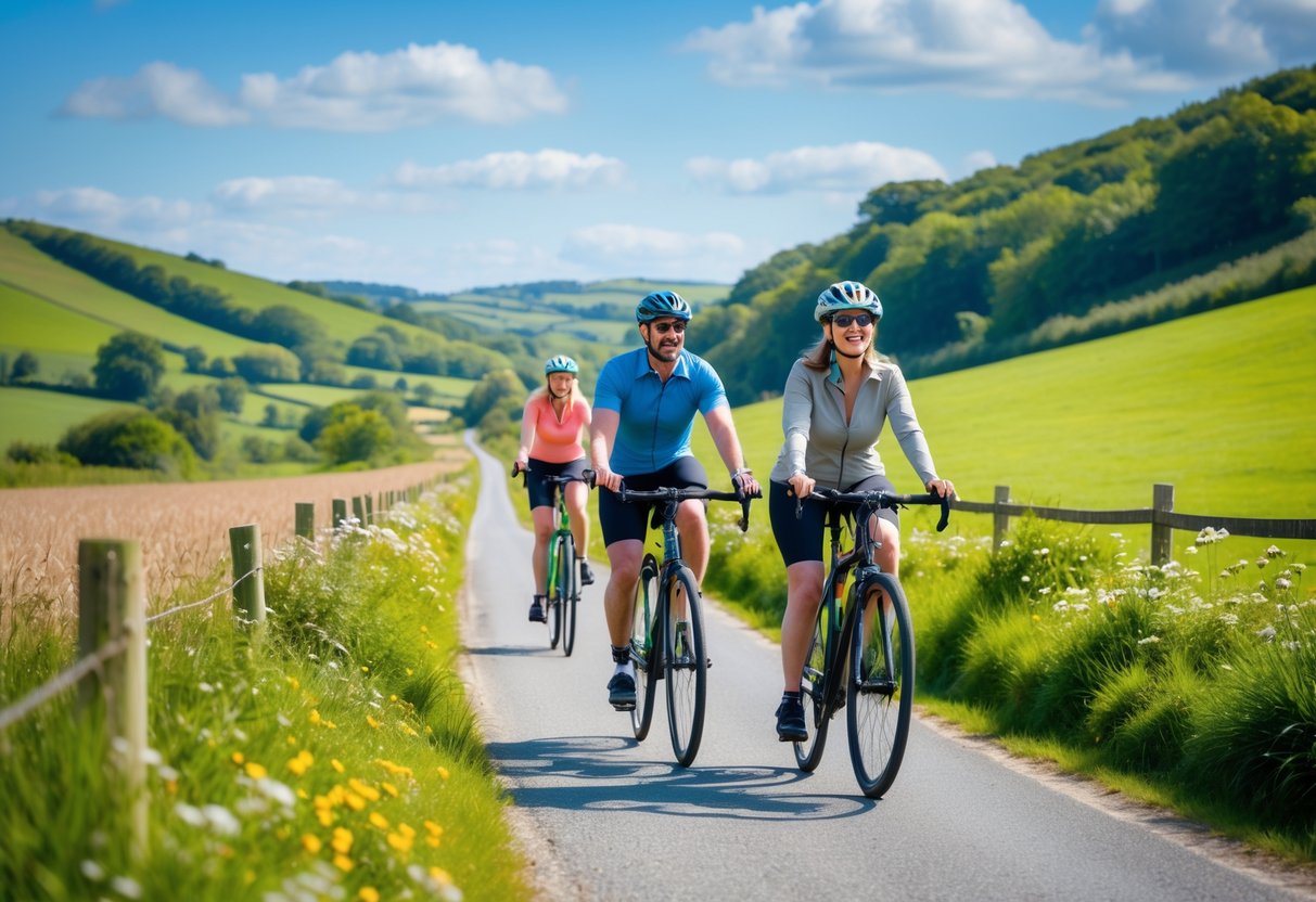 A couple cycling on a country road surrounded by green fields and rolling hills under a blue sky.