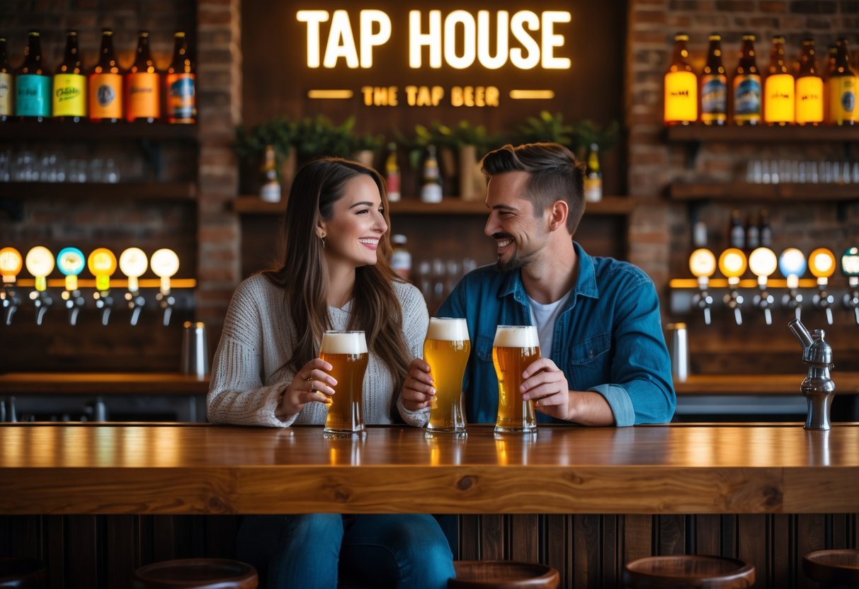 A young couple enjoying craft beers together at a cozy bar with warm lighting and rustic decor.