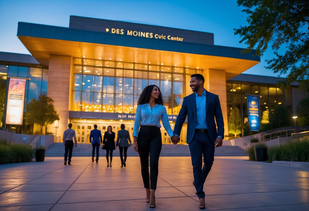 A couple walking hand in hand toward the illuminated entrance of the Des Moines Civic Center in the evening.