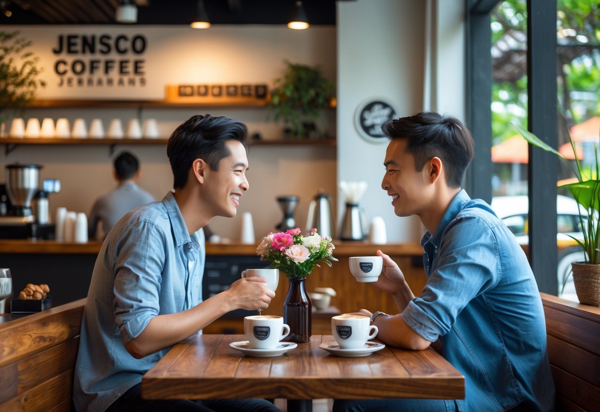 A young couple smiling and talking over coffee at a wooden table inside a cozy coffee shop.