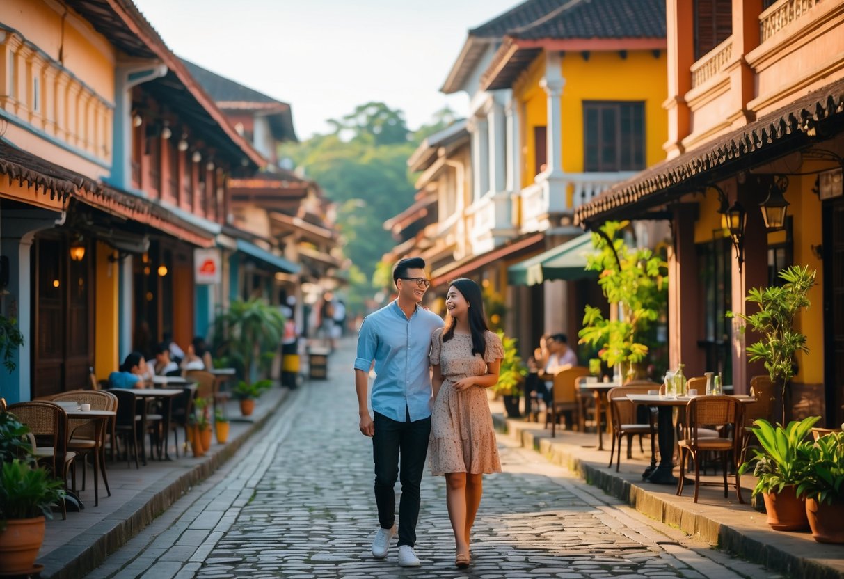 A young couple walking hand in hand through the historic streets of Semarang Old Town, surrounded by colorful colonial buildings and outdoor cafes.