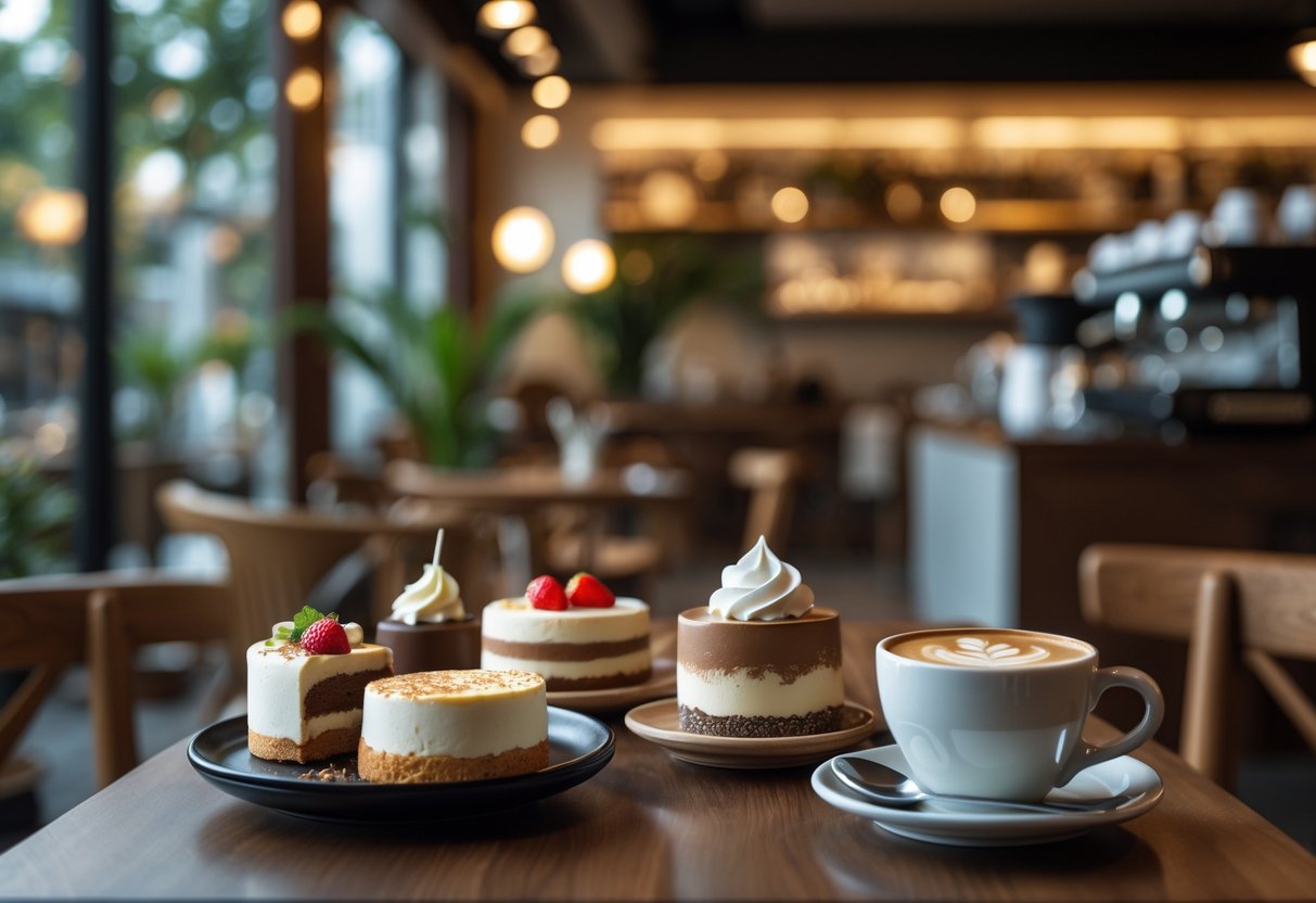 A table at a coffee shop with desserts and a cup of coffee in a cozy, warmly lit setting.
