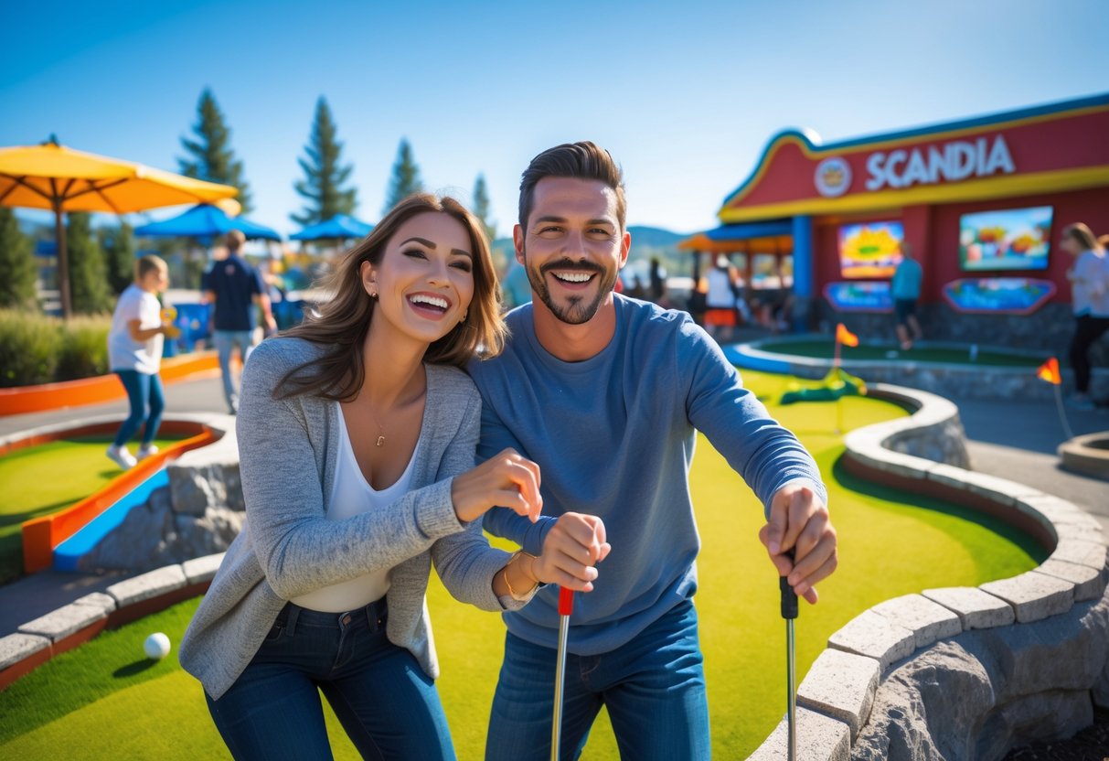 A smiling couple playing mini-golf outdoors at a family fun center with other people and colorful attractions in the background.