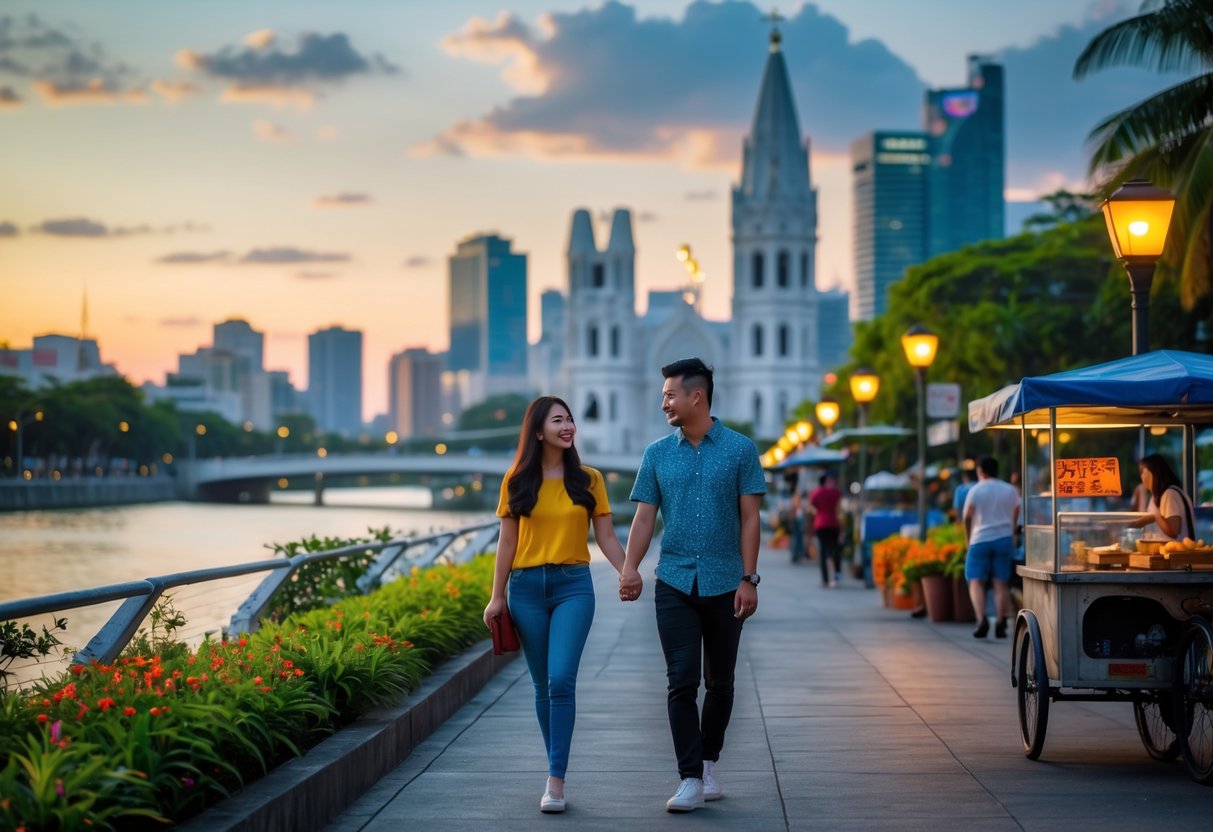 A young couple walking hand-in-hand along a riverside promenade with the Metro Manila skyline in the background during sunset.