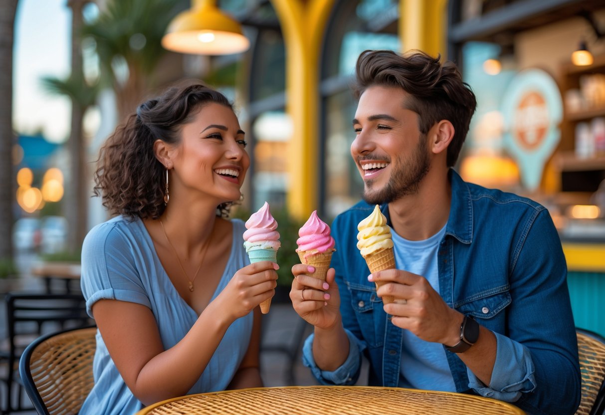 A young couple enjoying ice cream together at an outdoor table in a bright and inviting ice cream shop.