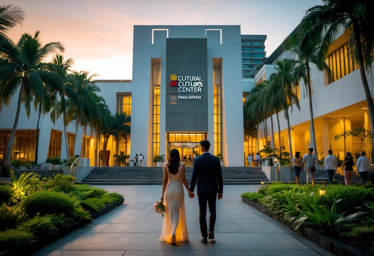 A couple walking hand-in-hand near the entrance of the Cultural Center of the Philippines surrounded by greenery and modern architecture.