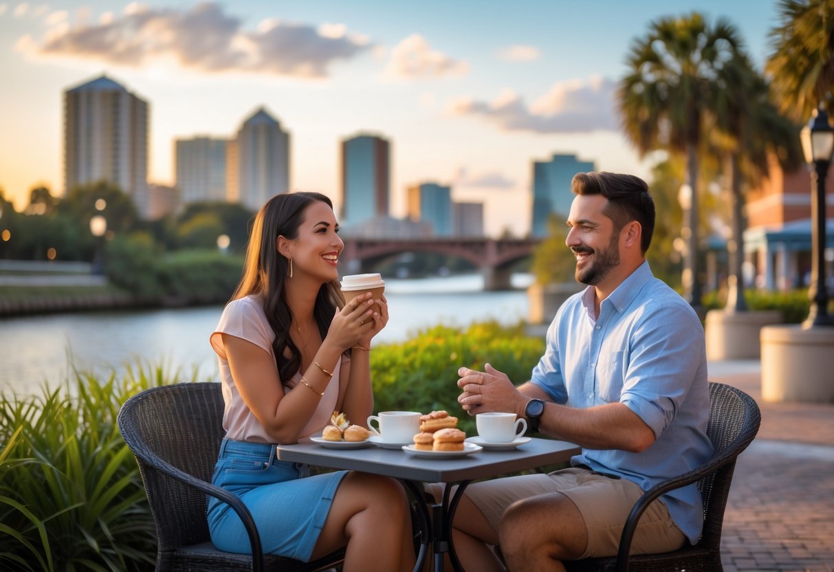 A couple sitting at an outdoor table near a river with a city skyline in the background, enjoying a relaxed and happy moment together.