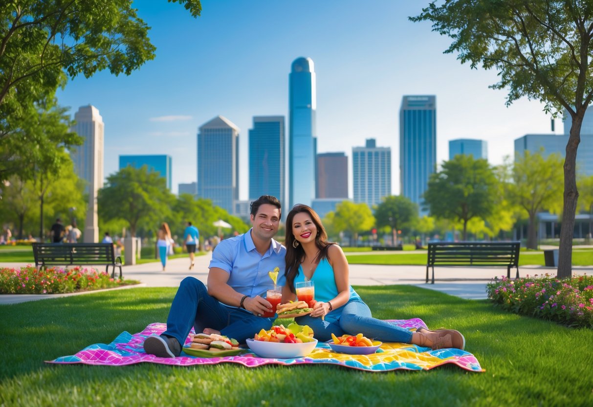 A couple having a picnic on a blanket in a green park with the Dallas skyline in the background on a sunny day.