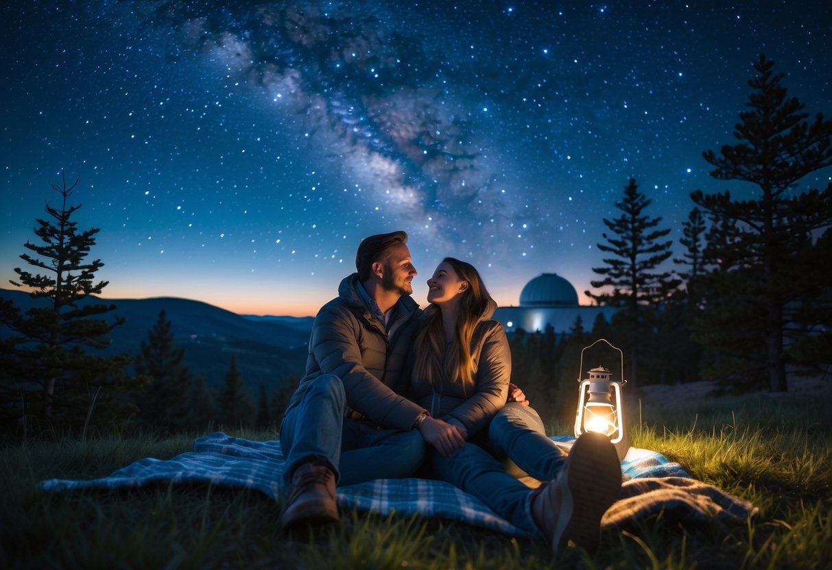 A couple sitting on a blanket near Blue Mountain Observatory, looking up at a clear, star-filled night sky surrounded by trees.
