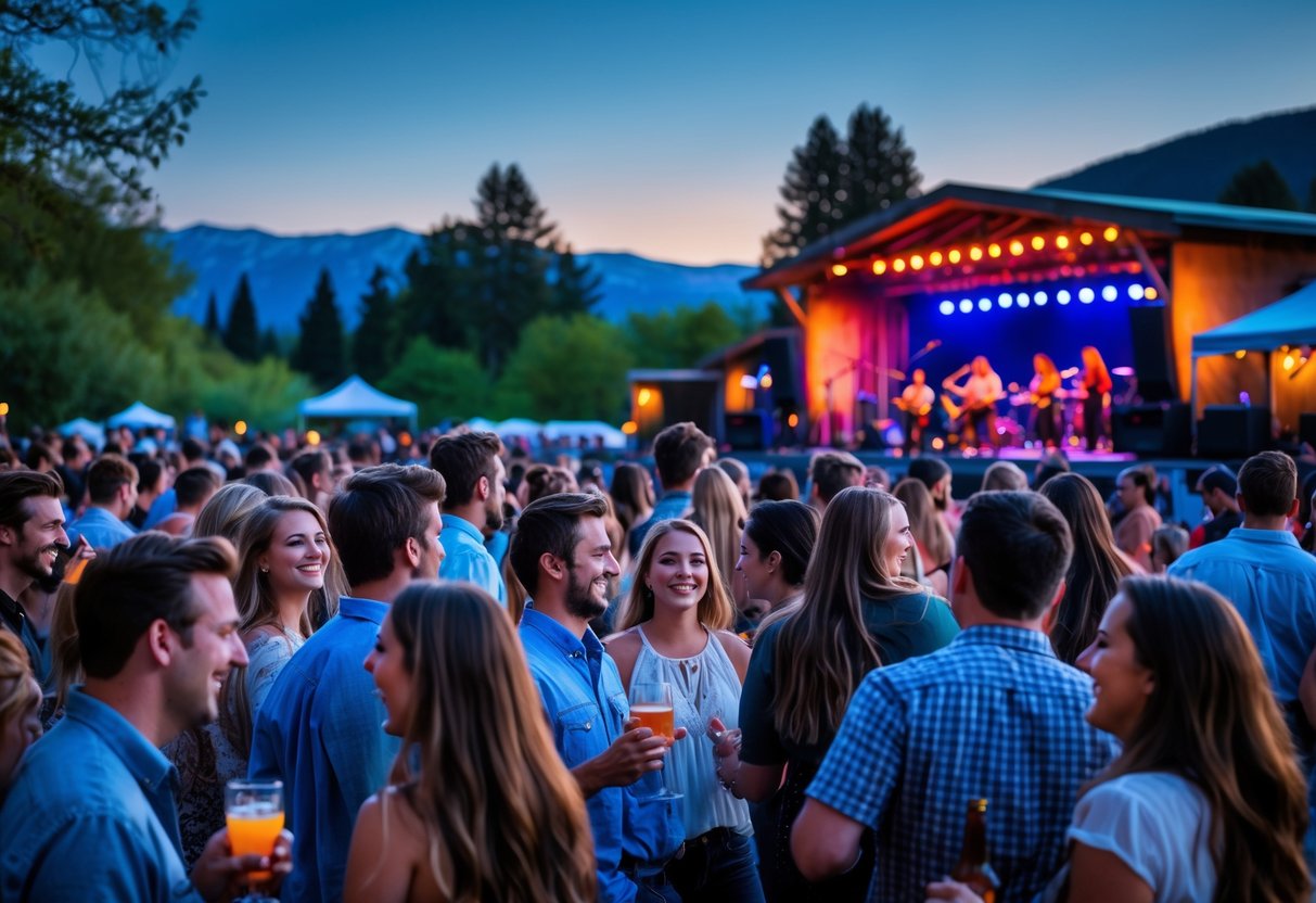 Couples and friends enjoying a live outdoor music concert at sunset with a band performing on stage and mountains in the background.