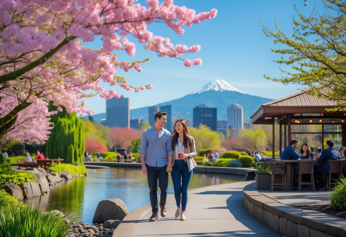 A young couple walking hand in hand through a lush garden with cherry blossoms and a city skyline in the background.