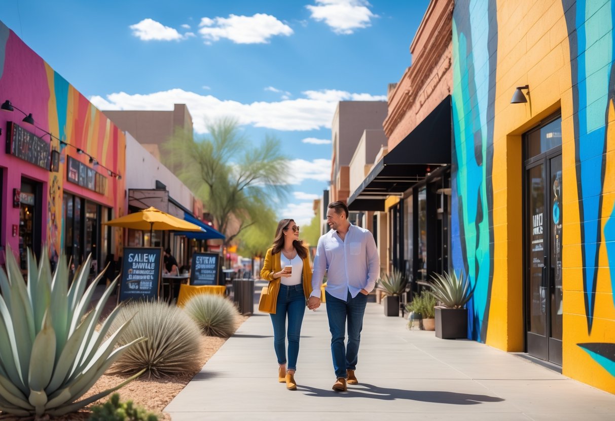 A couple walking hand-in-hand through a colorful arts district with murals and urban art in Phoenix, Arizona.