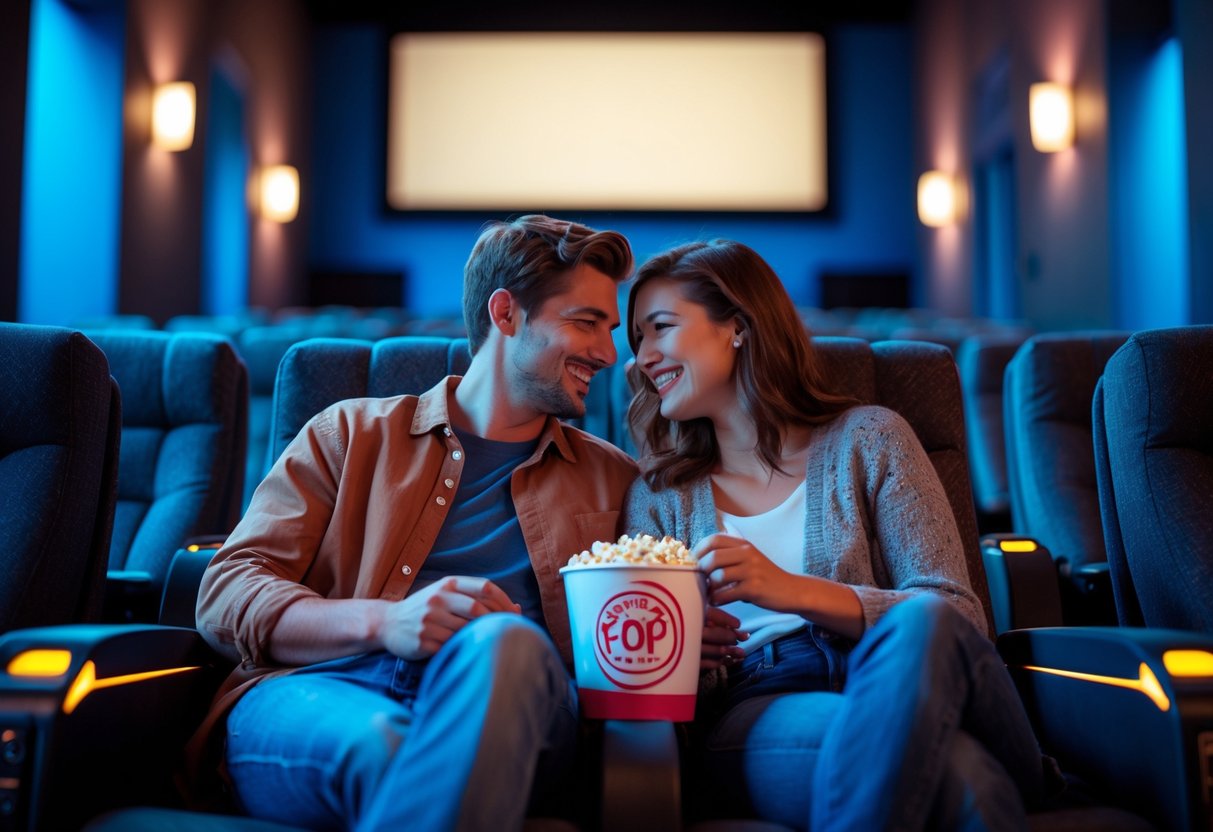 A young couple sitting together in a movie theater, sharing popcorn and smiling.