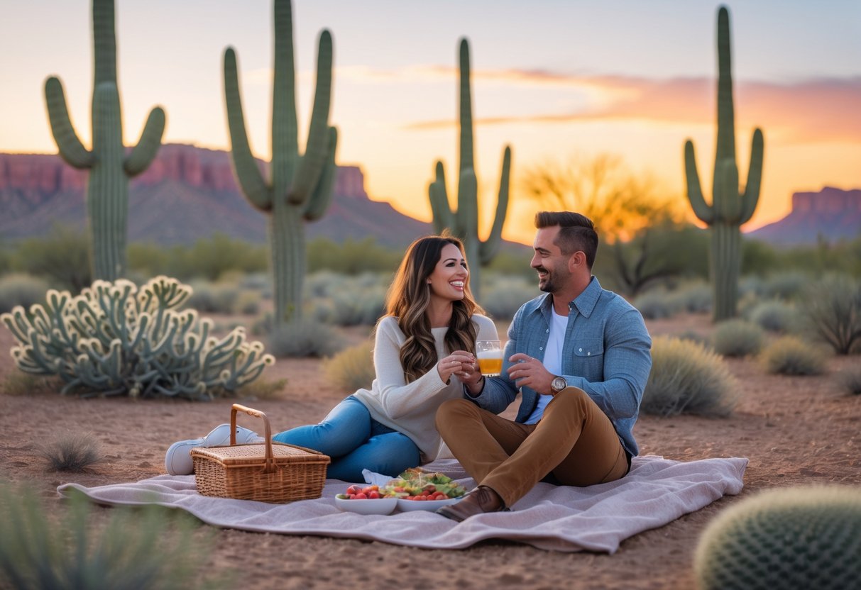 A couple enjoying a sunset picnic together in a desert park with cacti and red rock formations in the background.