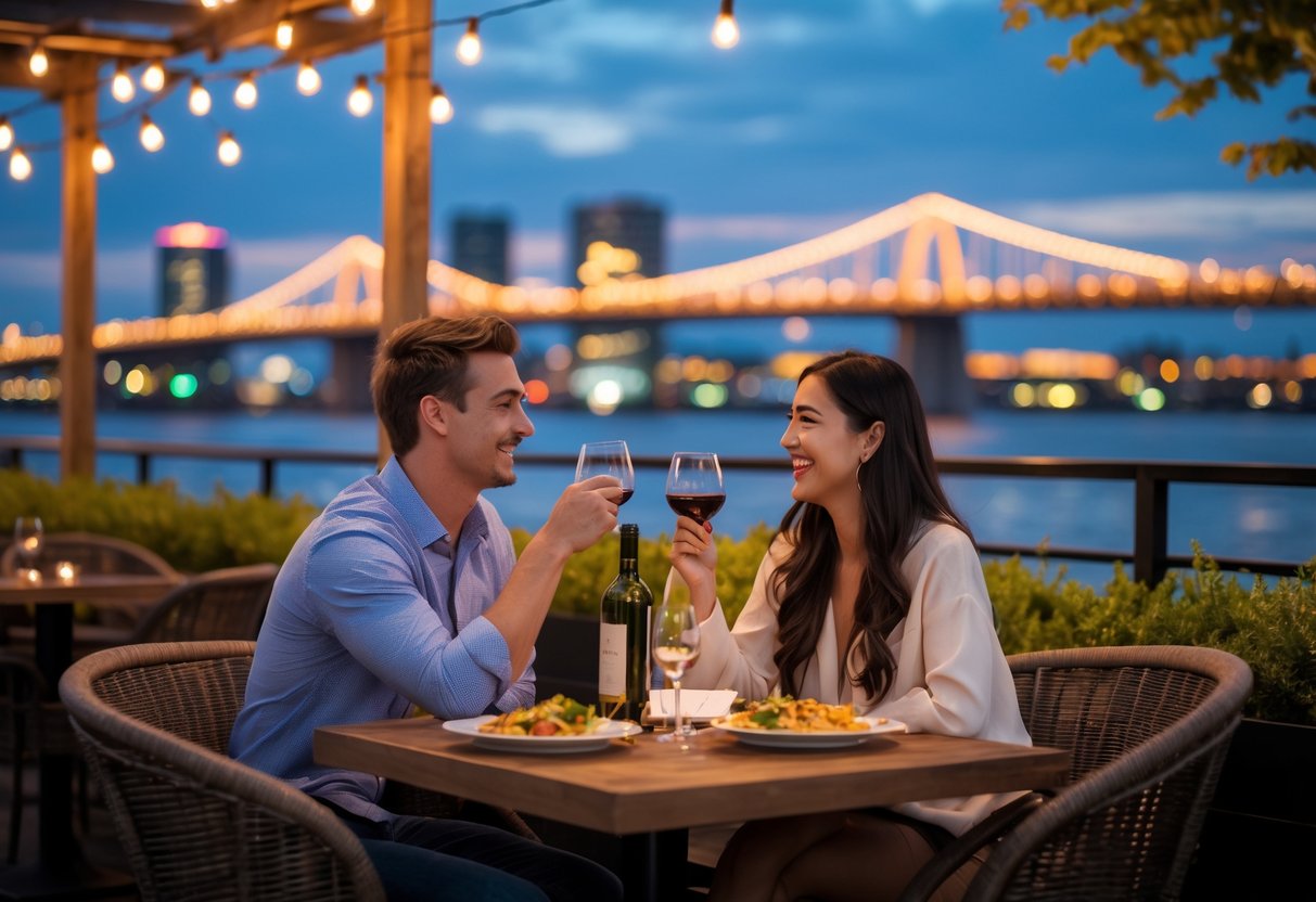 A couple enjoying a romantic dinner outdoors near the Portland waterfront with the city skyline and bridges visible at twilight.