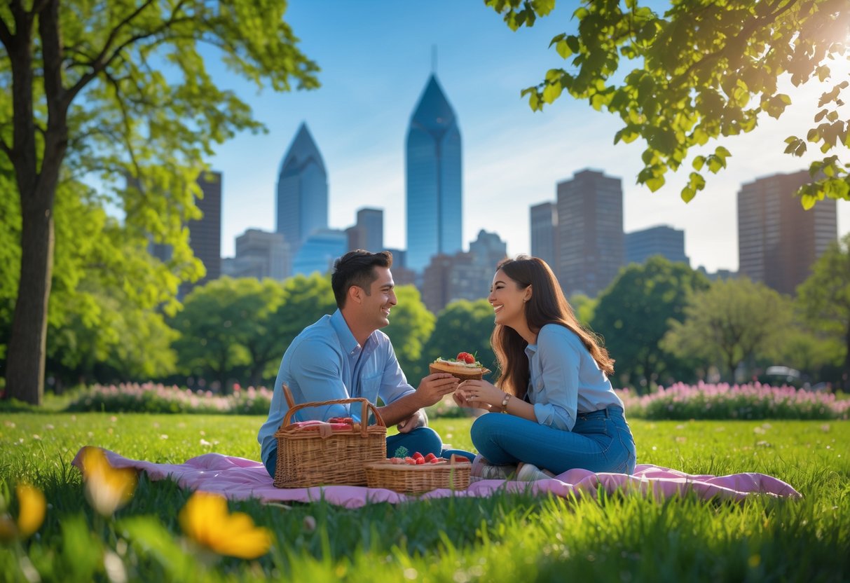 A young couple having a picnic in a green park with the Philadelphia skyline visible in the background.