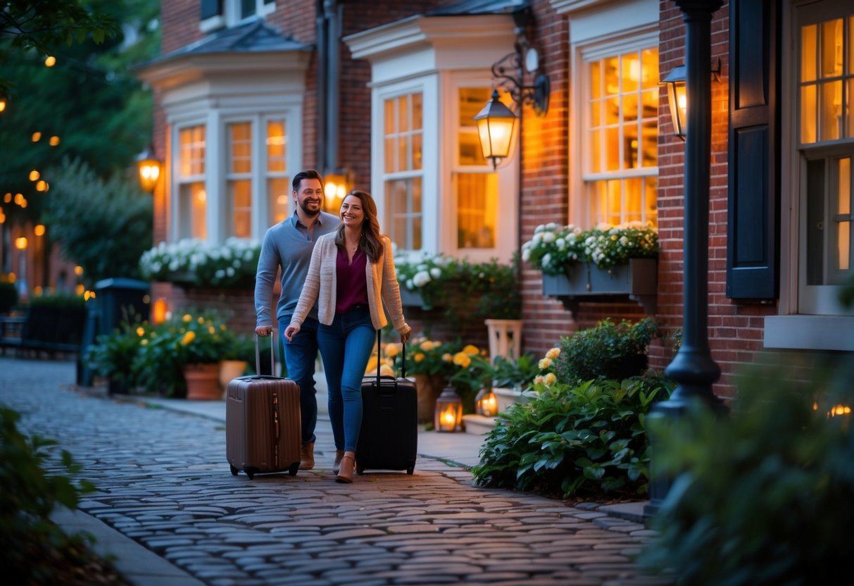 A couple arriving at a cozy bed and breakfast with brick exterior and flowering window boxes in an urban neighborhood.