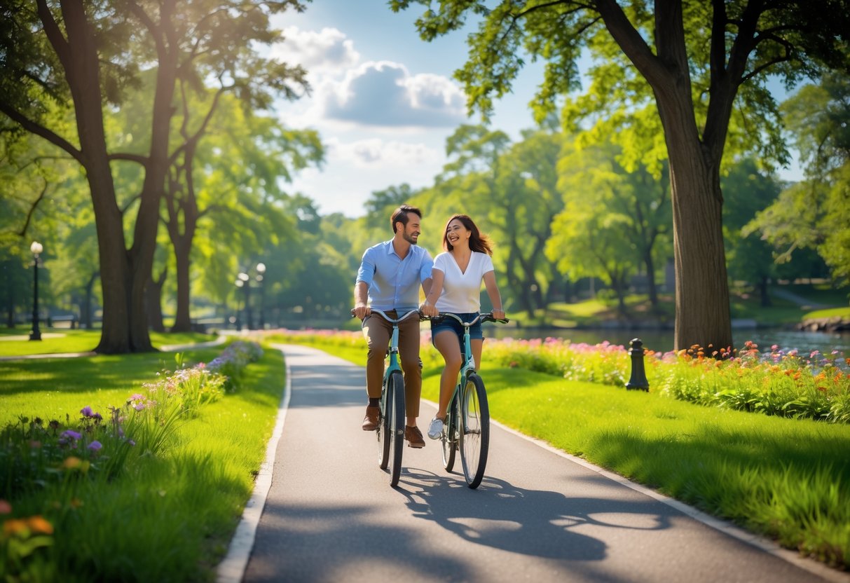 A couple riding a tandem bike on a tree-lined path in Fairmount Park, Philadelphia.