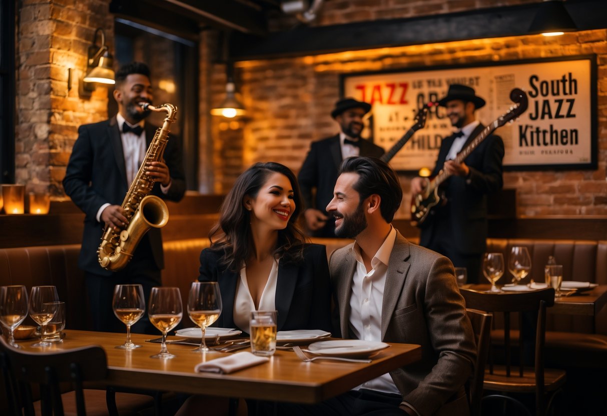 A couple enjoying a live jazz performance at a cozy restaurant with a jazz band playing on stage.
