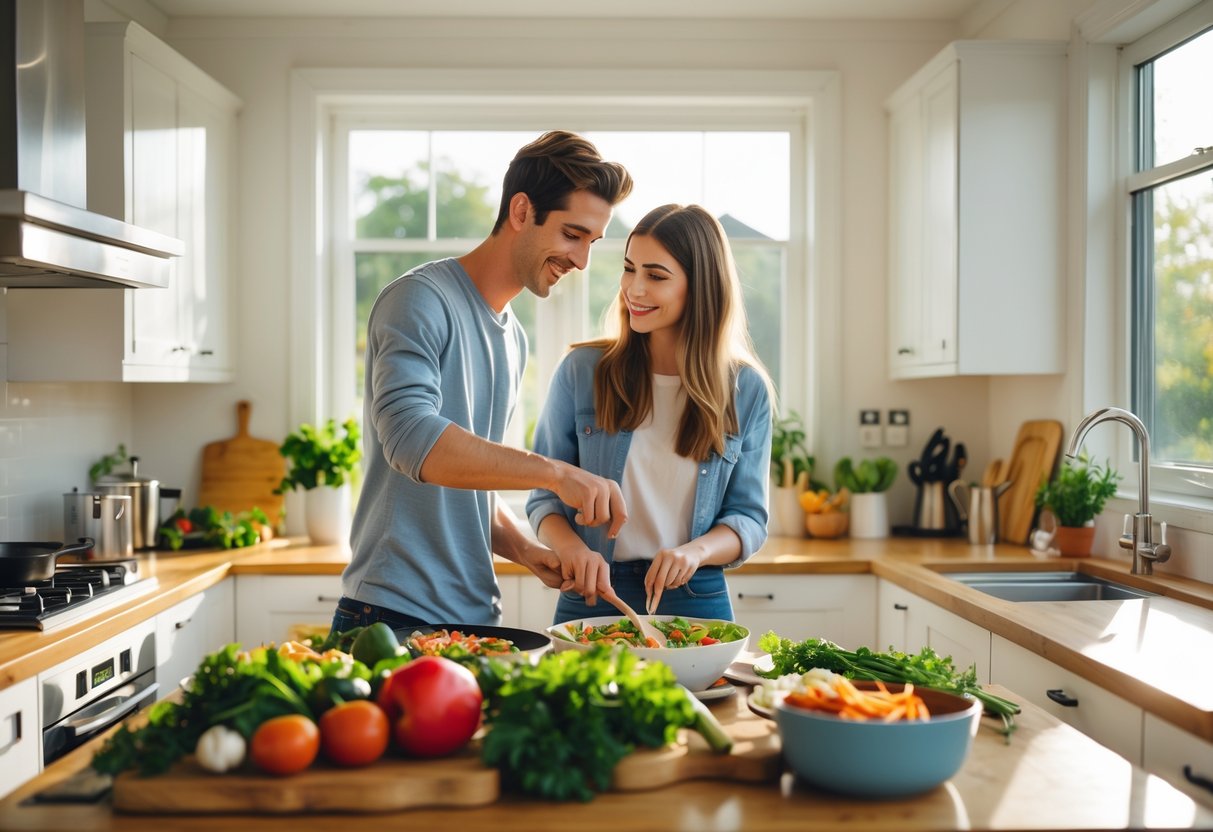 A young couple cooking together in a bright kitchen during the day, smiling and preparing food with fresh ingredients.