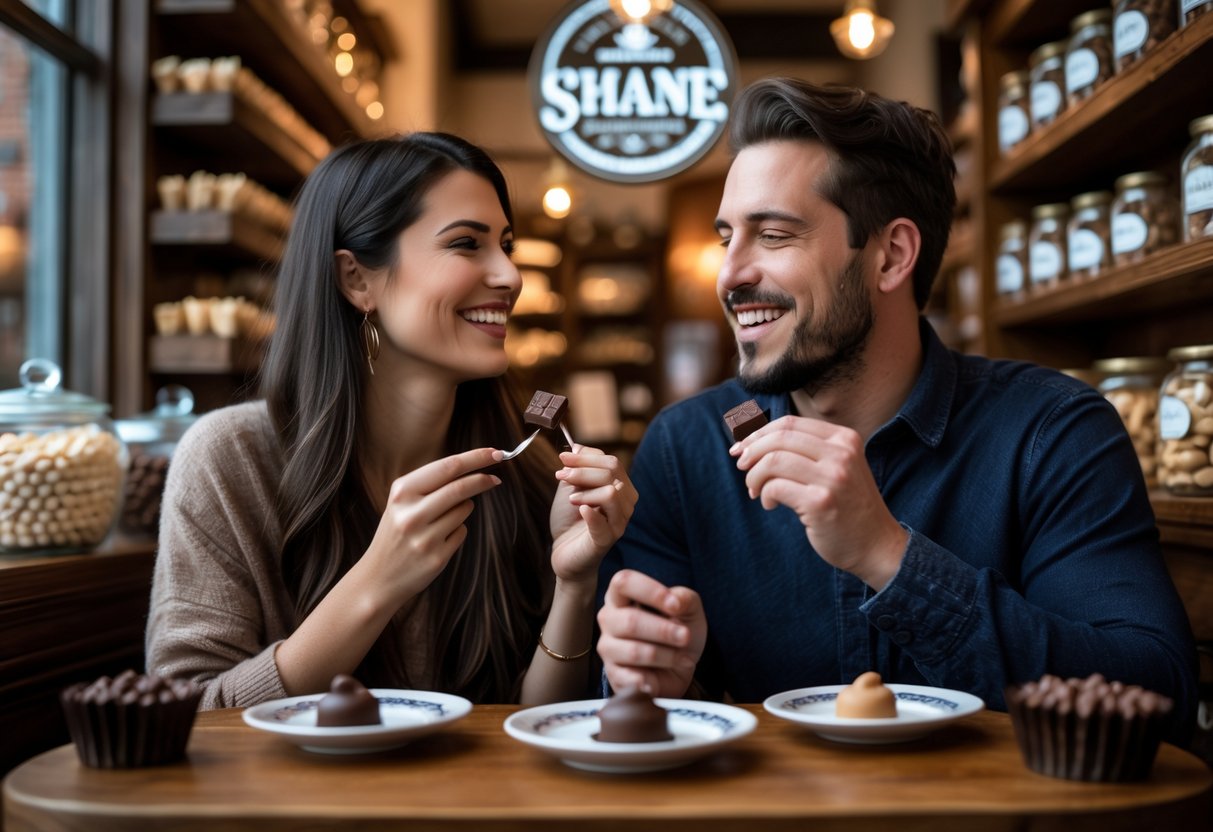 A couple enjoying a chocolate tasting together inside a cozy candy shop with shelves of chocolates in the background.