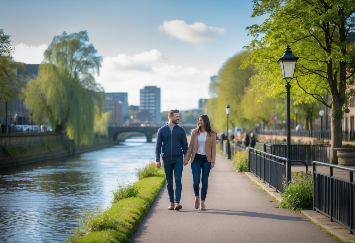A young couple walking hand-in-hand along a riverside path with trees and water beside them in a city setting.