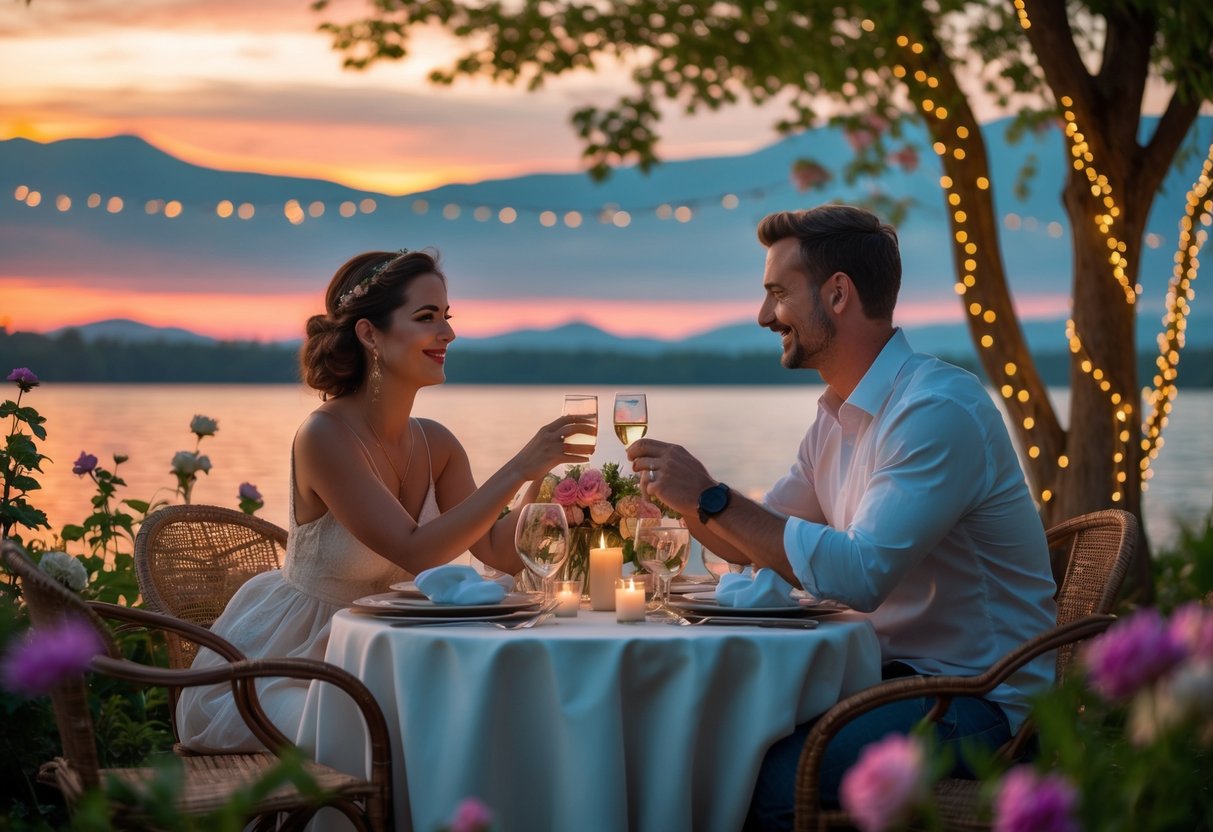 A couple sitting at a candlelit table outdoors by a lake at sunset, holding hands and smiling.