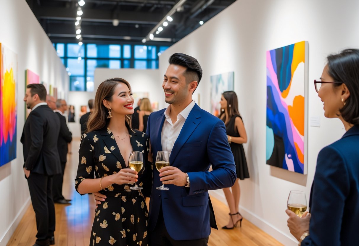 A couple admiring paintings at an art gallery opening, holding wine glasses and smiling.
