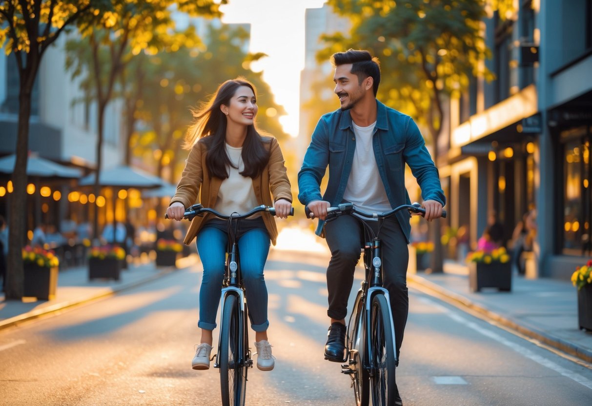 A young couple riding bicycles together along a tree-lined city street during sunset.