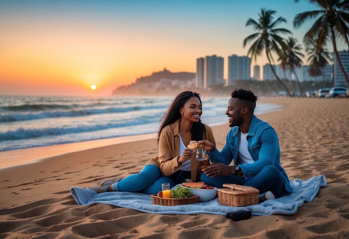 A young couple enjoying a sunset picnic on a sandy beach with palm trees and the ocean in the background.