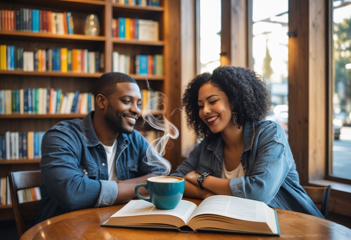 A couple browsing books and enjoying coffee inside a bookstore with tall shelves and natural light.