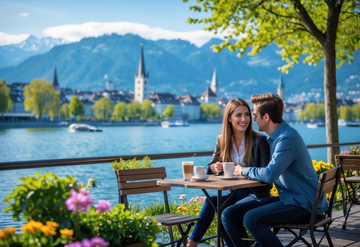 A young couple sitting at a lakeside café in Zürich, smiling and enjoying coffee with the city skyline and mountains in the background.