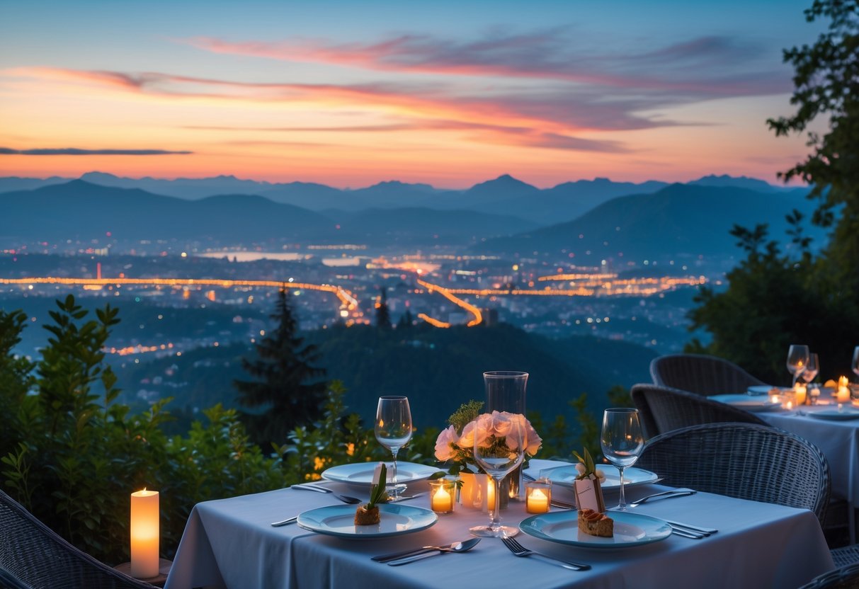 A romantic dinner table set for two on a mountain terrace overlooking the city of Zürich at sunset.