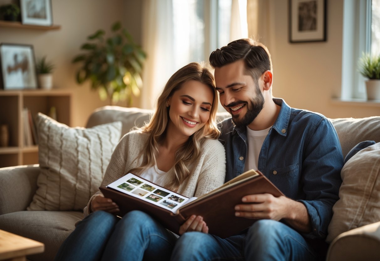 A couple sitting on a sofa looking through a photo album together in a cozy living room.