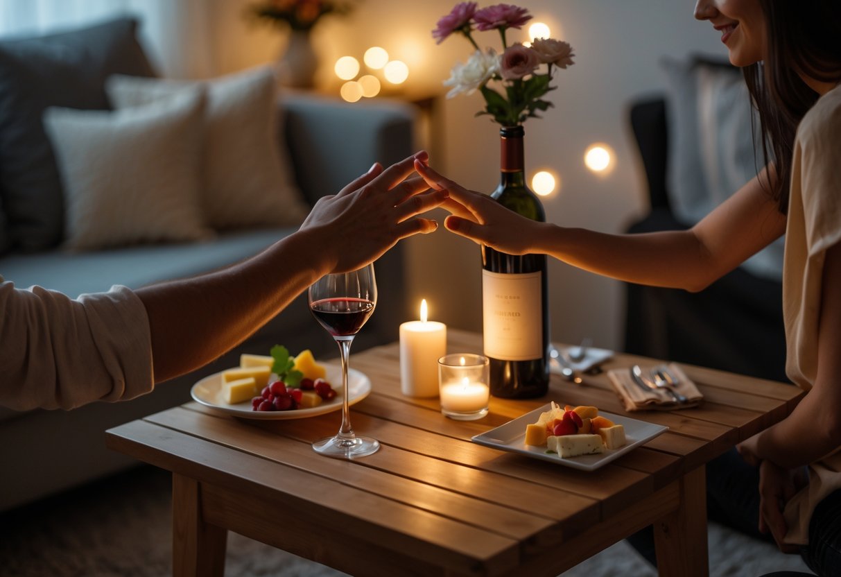 A cozy table set for two with candles, wine, and appetizers in a softly lit living room, showing a couple reaching hands across the table.