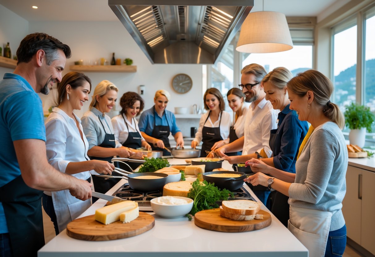 A group of people cooking Swiss dishes together in a bright kitchen with a city view in the background.