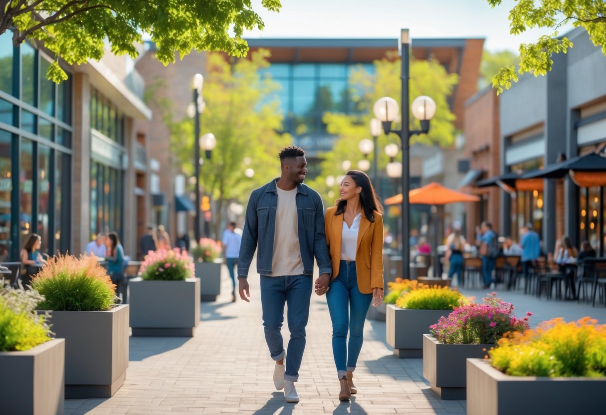 A young couple walking hand-in-hand along a pedestrian street lined with shops and trees at Redmond Town Center.