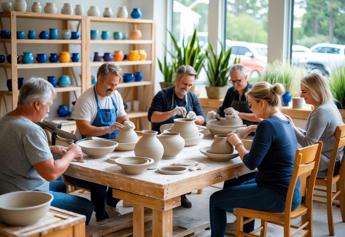 A group of adults taking a pottery class together in a bright studio, working with clay on pottery wheels and tables.