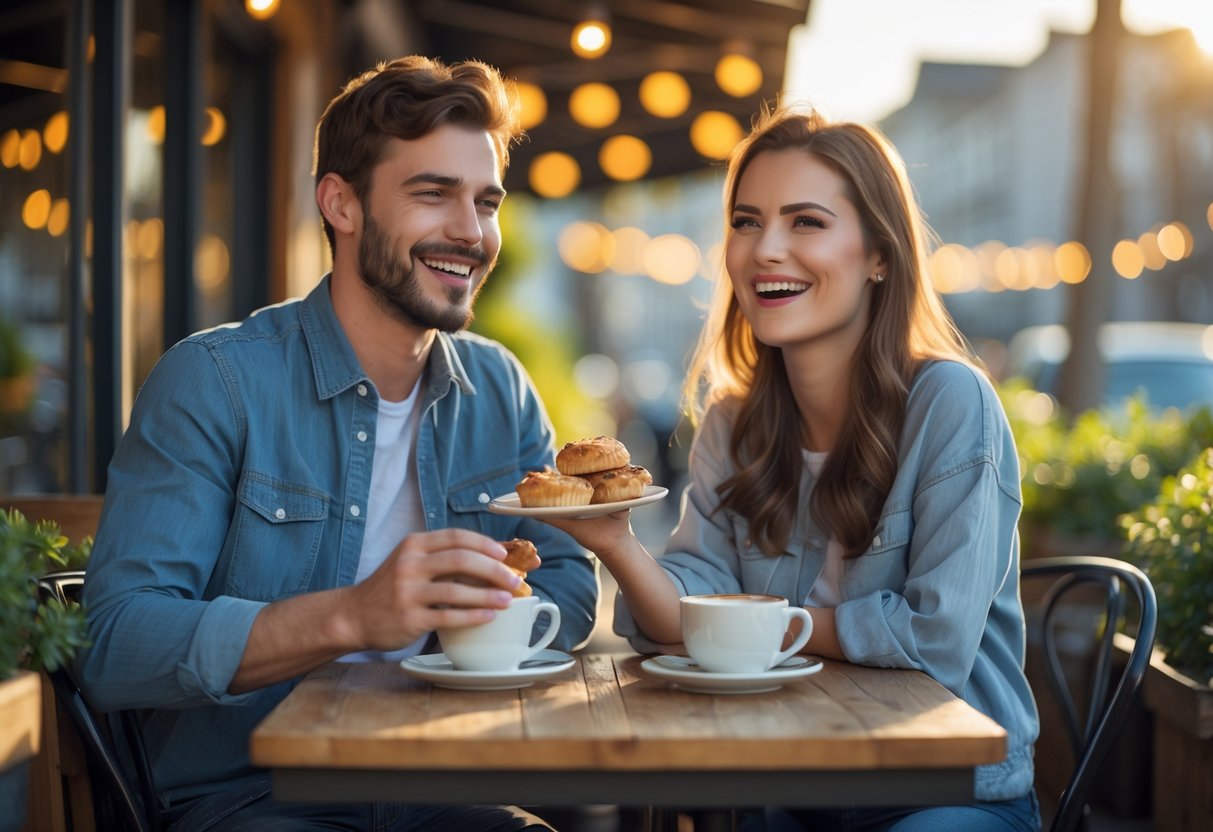 A young couple smiling and talking over coffee at an outdoor café table.