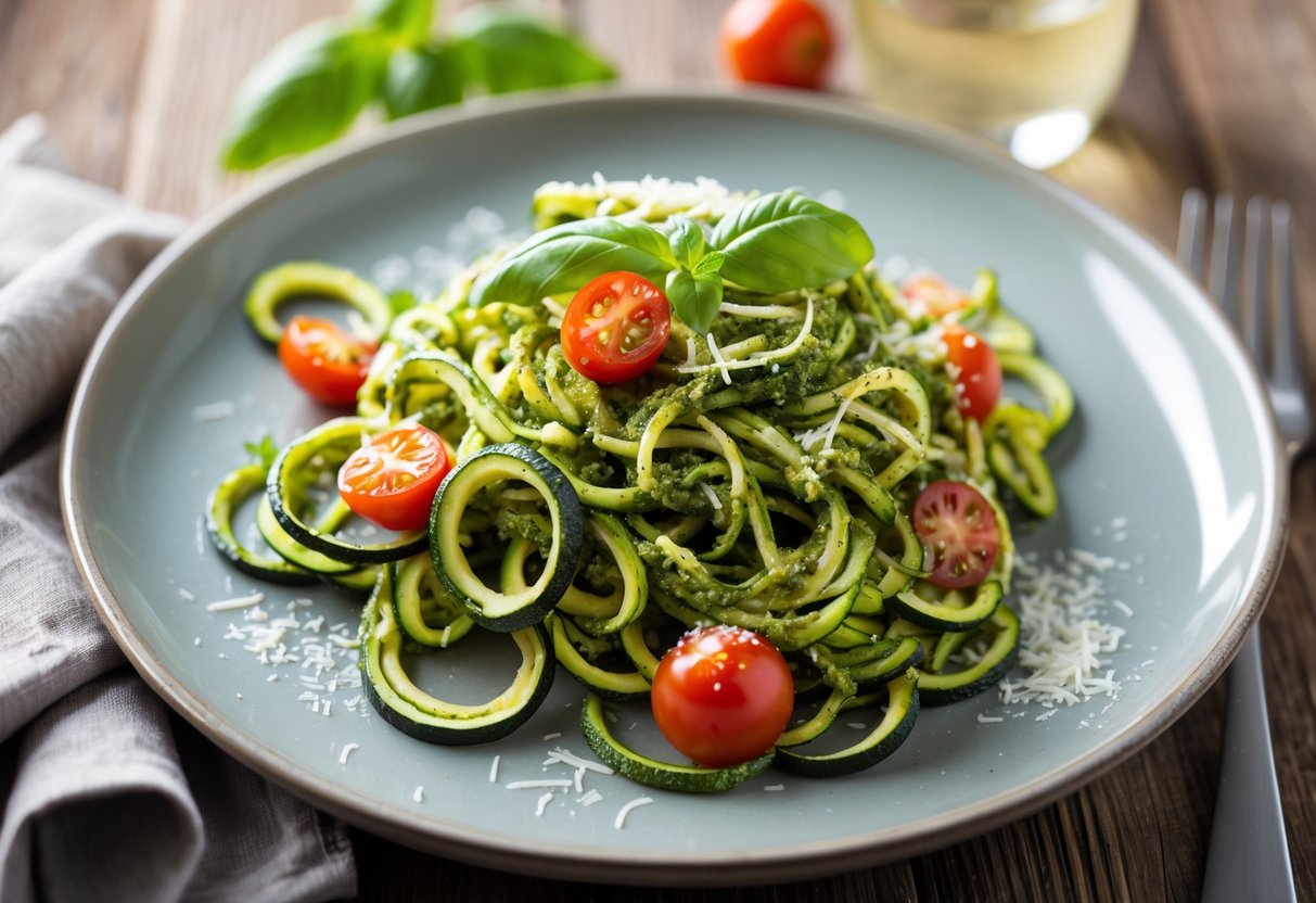 A plate of baked pesto zucchini noodles garnished with basil and cherry tomatoes on a wooden table with a glass of white wine nearby.