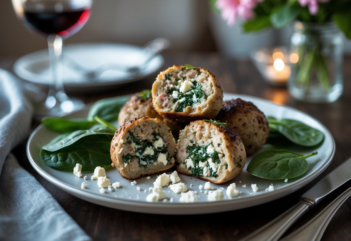 Plate of spinach and feta stuffed turkey meatballs on a dinner table set for a date night.