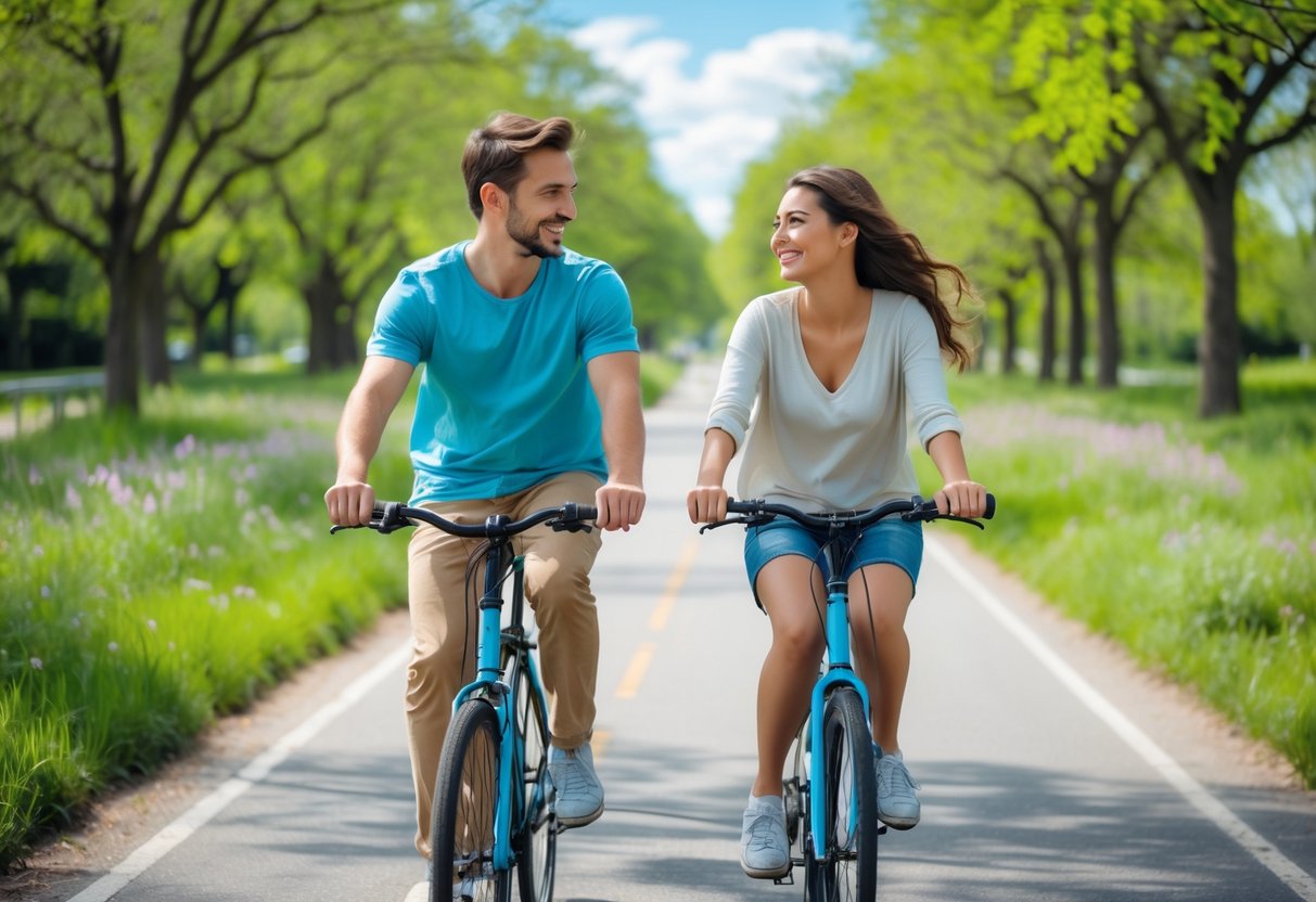 A young couple riding bicycles together on a sunny bike path surrounded by trees and grass.