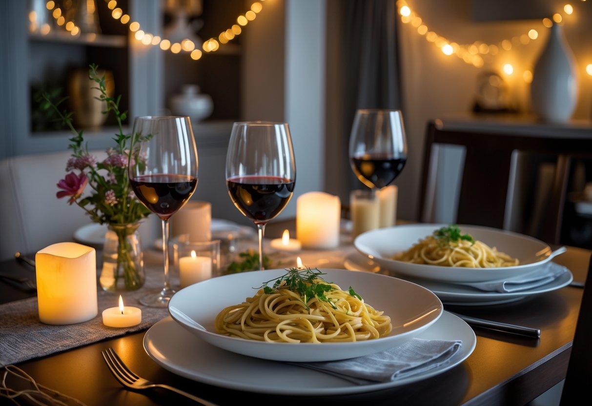 A cozy dining table set for a romantic dinner with candles, wine glasses, flowers, and a plate of pasta.