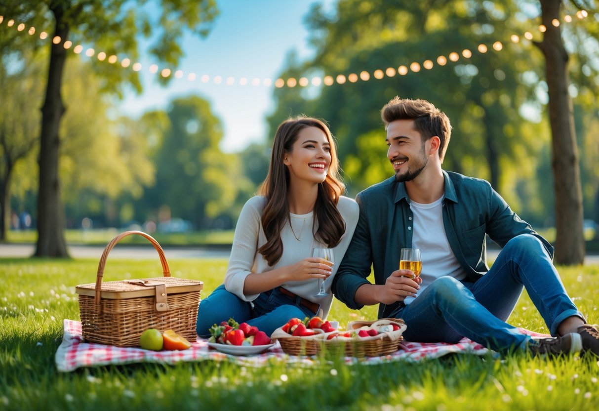 A young couple enjoying a picnic together in a sunny park.