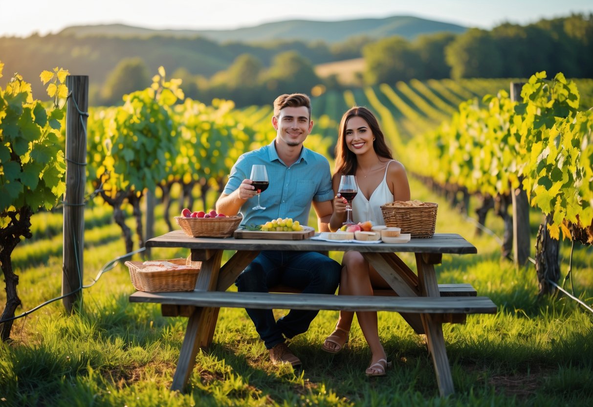 A couple enjoying a picnic with wine in a vineyard surrounded by grapevines and hills during sunset.
