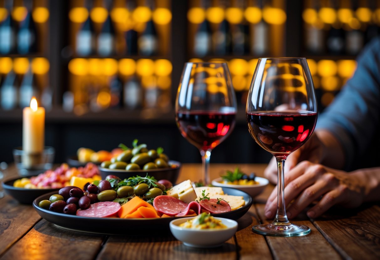 A table in a wine bar with tapas dishes and two glasses of red wine, with wine bottles visible in the background.