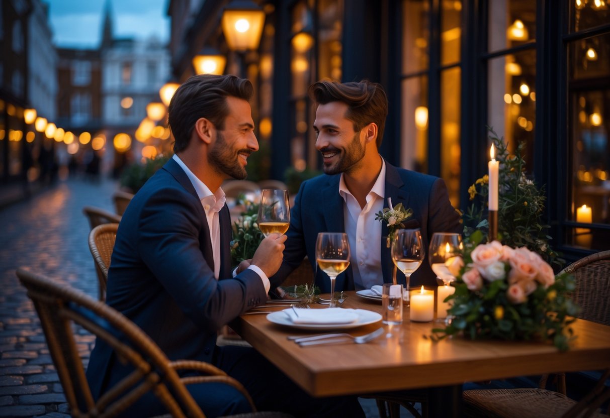 A couple enjoying a romantic dinner outdoors on a city street at night.