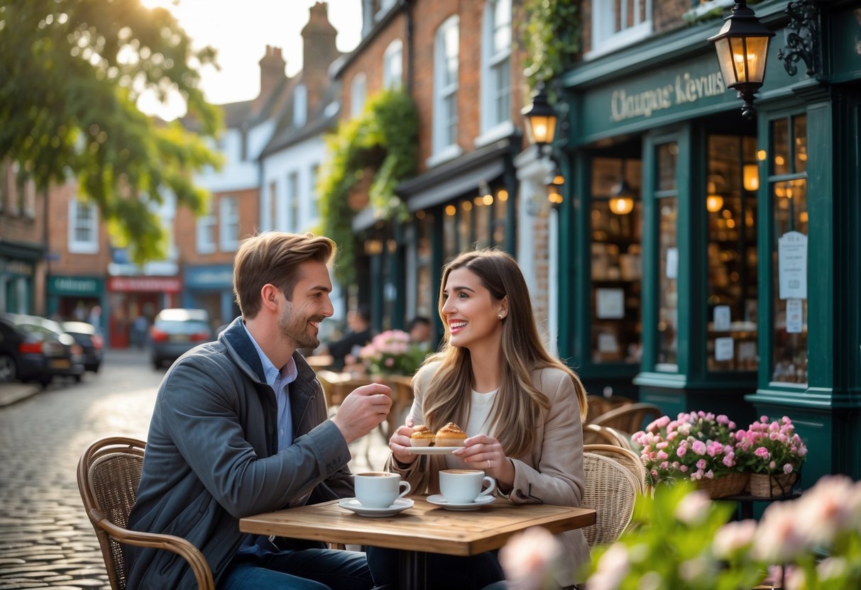 A young couple enjoying coffee together at an outdoor café on a sunny street in Horsham with historic buildings and trees in the background.